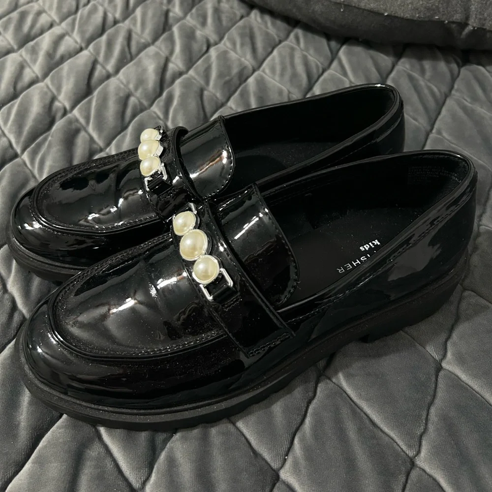 MARC FISHER Kids Designer Black Patent Mary Jane Loafer Shoes withPearl Sz 5